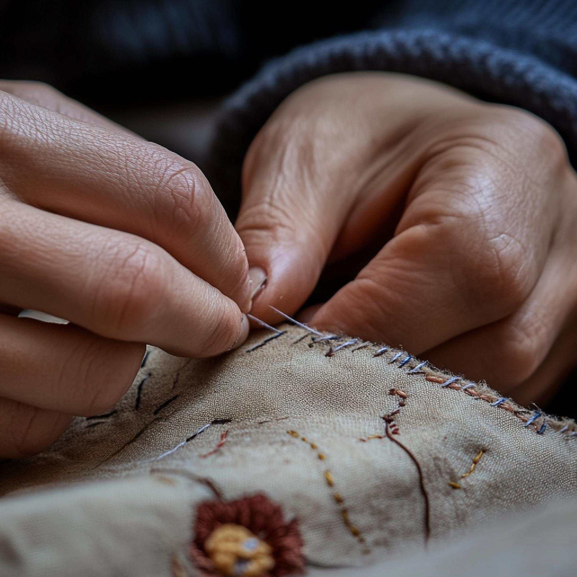 Artisan stitching an embroidered patch